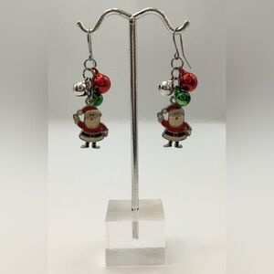 SILVERTONE ENAMEL SANTA CLAUS WITH RINGING BELLS PIERCED HOOK EARRINGS CHRISTMAS